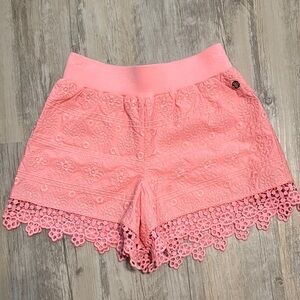 MATILDA JANE Mini Golf Shorts 10 Pink Embroidered Crochet Lace Hem Girls NWOT